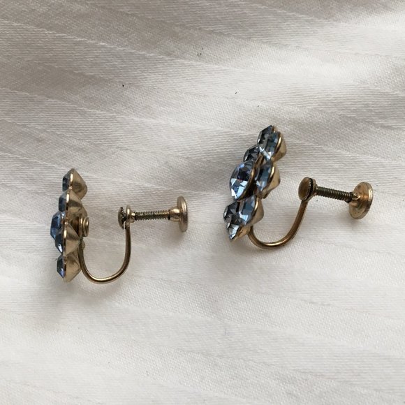 Vintage Blue Round Rhinestone Screw Back Earrings - Picture 3 of 3